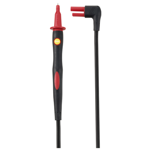 Ein rotes und schwarzes Messleitungsset mit einer Prüfspitze und einem abgewinkelten Stecker.